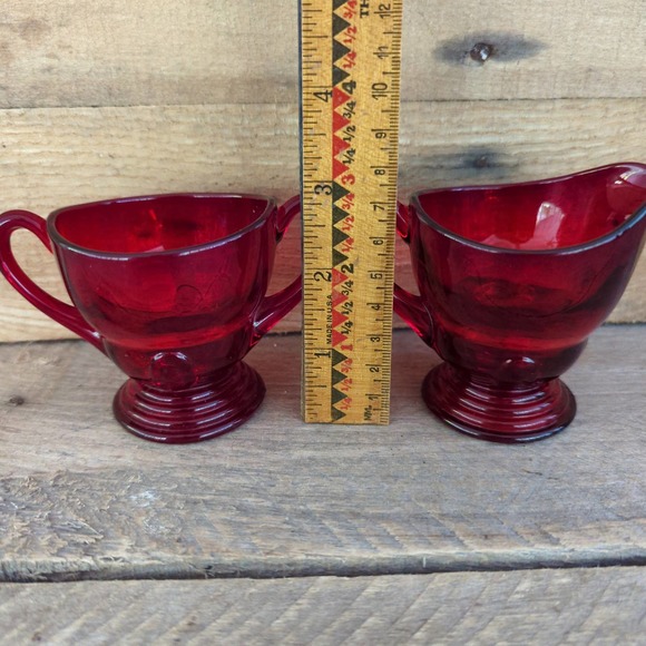Vintage 1930s Ruby Red New Martinsville Glass Moondrops Creamer & Sugar Set - Picture 10 of 10